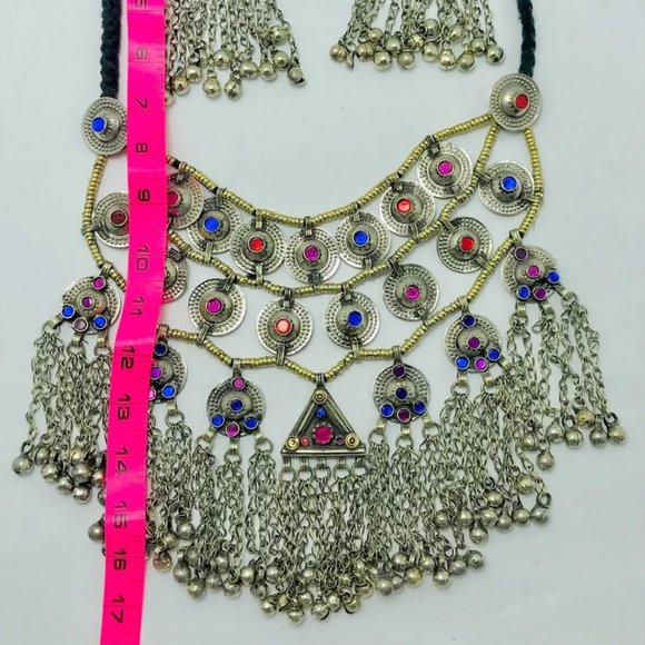 Handmade Jewelry Set, Vintage Choker Necklace With Long Bells and Dangle Earring - Picture 8 of 8